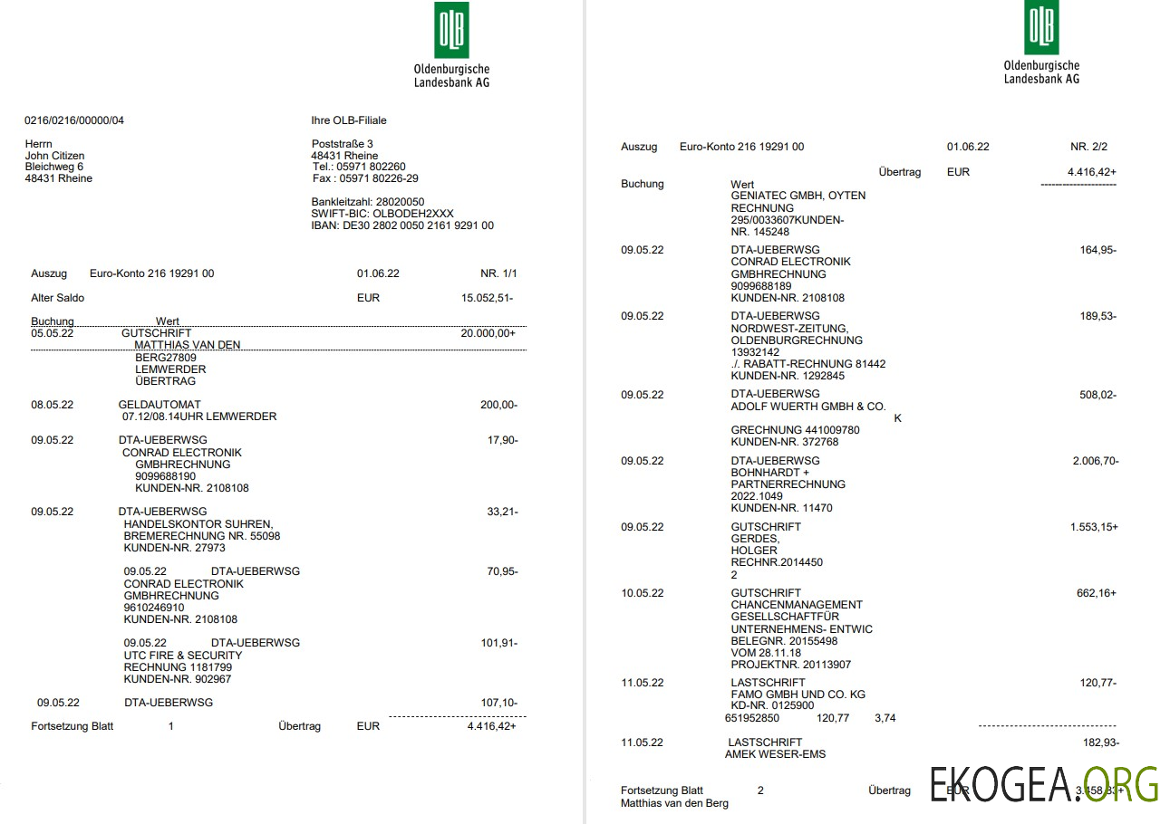 Allemagne Relevé bancaire Oldenburgische sur Deutsch, 3 pages